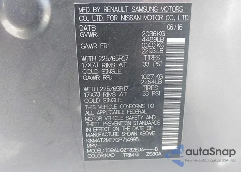 2016 Nissan Rogue S/Sl/Sv z USA, uszkodzony, nr VIN KNMAT2MT7GP714995